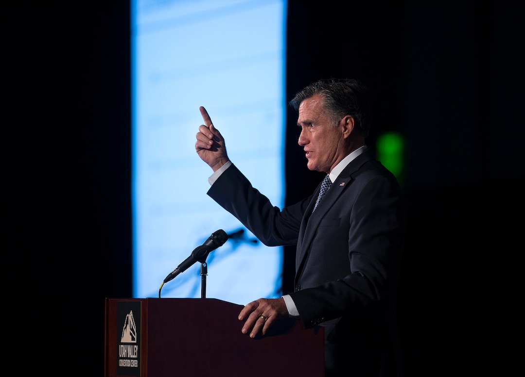Scott Sommerdorf | The Salt Lake TribuneFormer Republican presidential candidate Mitt Romney speaks at the 2018 Utah County Republican Party Lincoln Day Dinner.
