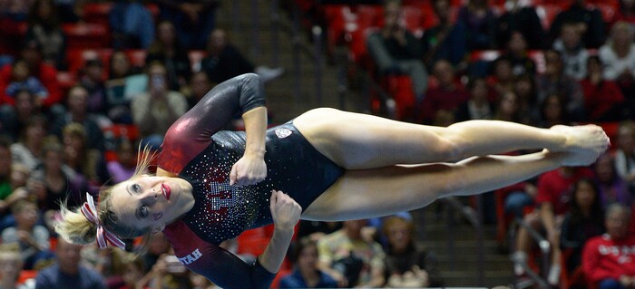 Leah Hogsten  |  The Salt Lake Tribune
MyKayla Skinner performing her floor routine. University of Utah gymnastics fans got their first glimpse of this yearÕs team at the Red Rocks Preview intrasquad meet at the Huntsman Center, Friday, December 9, 2016.

