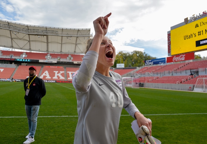 (Chris Samuels | The Salt Lake Tribune) Riverton goalkeeper Dylan Huff celebrates winning the 6A girls’ soccer state championships 3-1 over Skyridge at Rio Tinto Stadium in Sandy, Friday, Oct. 22, 2021.