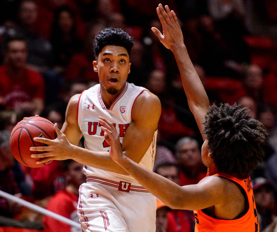 (Trent Nelson | The Salt Lake Tribune)  Utah Utes guard Sedrick Barefield (2) defended by Oregon State Beavers guard Ethan Thompson (5) as Utah hosts Oregon State, NCAA basketball in Salt Lake City on Saturday Feb. 2, 2019.