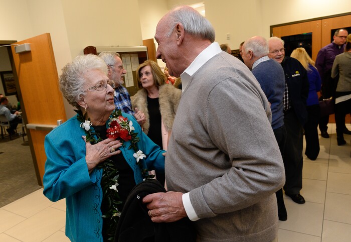 (Francisco Kjolseth  |  The Salt Lake Tribune)  Midvale Mayor JoAnn Seghini speaks with Salt Lake County councilman Jim Bradley during her retirement reception hosted in her honor at Midvale City Hall on Thursday, Dec. 14, 2017.