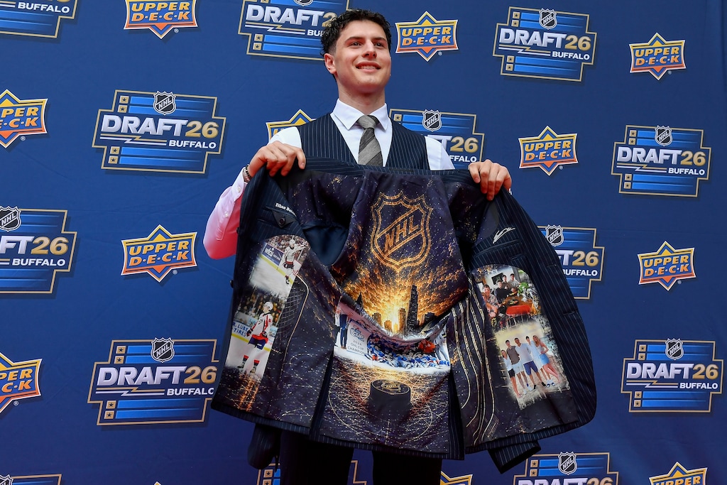 Ethan Belchetz arrives on the red carpet before the NHL hockey draft Friday, June 26, 2026, in Buffalo, N.Y. Belchez was selected by the Utah Mammoth with the 17th pick in the draft. (AP Photo/Adrian Kraus)