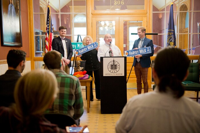 (Rachel Molenda | The Salt Lake Tribune)
San Diego human rights commissioner Nicole Murray-Ramirez presents Salt Lake City councilman Chris Wharton, left, Mayor Jackie Biskupski, second from left, and Equality Utah director Troy Williams, right, with versions of San Diego's Harvey Milk Street signs at the Salt Lake City-County building on Friday, May 25, 2018.