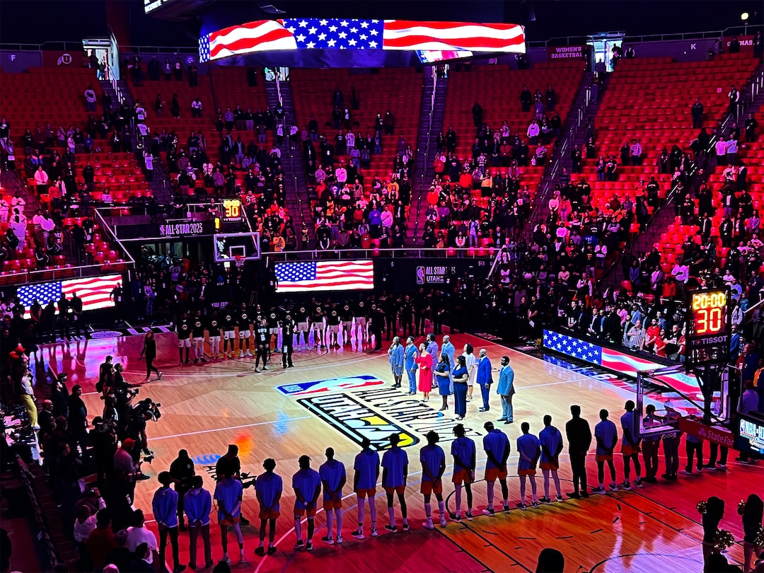 (Rick Egan | The Salt Lake Tribune) The Bonner Family performs the National Anthem at the HBCU game at the Jon M. Huntsman Center on Saturday, Feb. 18, 2023.