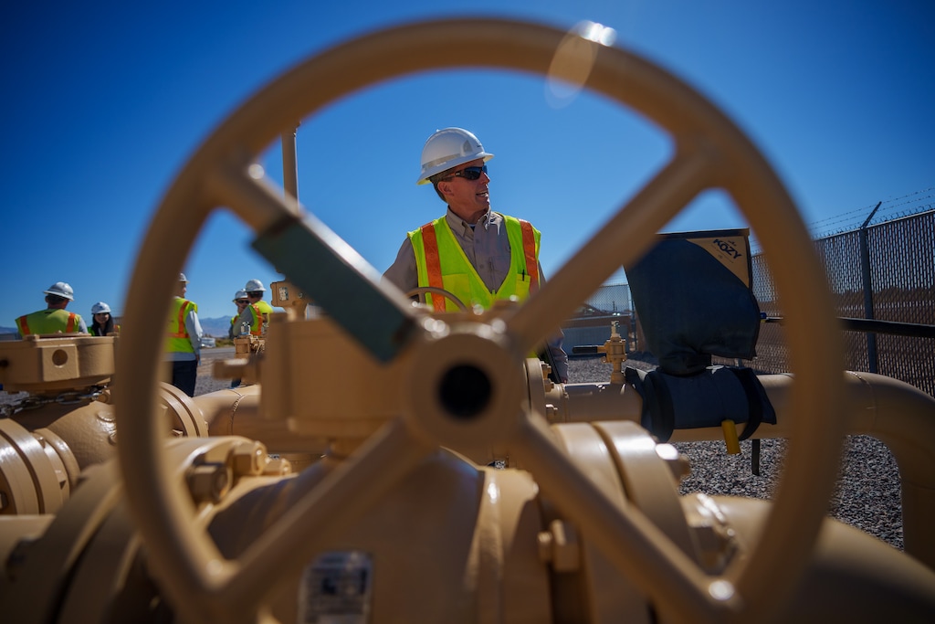 (Trent Nelson  |  The Salt Lake Tribune) Andrew Hegewald gives a tour of Dominion Energy's regulator station in Delta on Thursday, Oct. 5, 2023. At the station an electrolyzer will use solar energy to split water into hydrogen and oxygen, meaning it is a pollution-free source of hydrogen fuel.