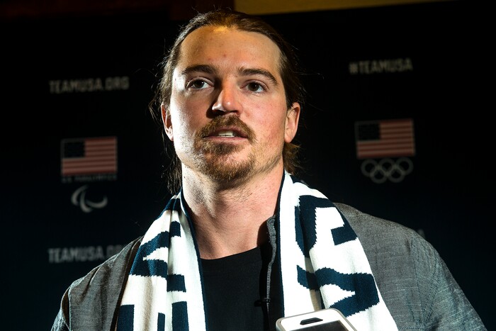 (Chris Detrick  |  The Salt Lake Tribune)  Freestyle skiing athlete McRae Williams speaks during the Team USA Media Summit at the Grand Summit Hotel in Canyons Village Tuesday, September 26, 2017.