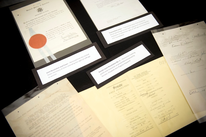 (Jeremy Harmon | The Salt Lake Tribune) Documents associated with the passage of the 19th Amendment in Utah were on display at the Utah State Capitol on October 15, 2019.