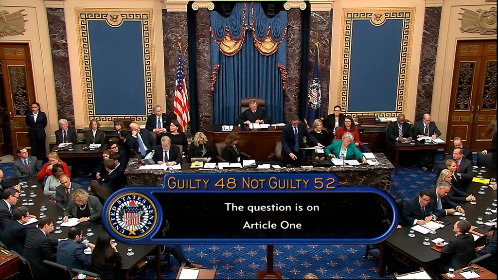 (Senate Television via AP) In this image from video, the vote total, 52-48 for not guilty, on the first article of impeachment, abuse of power, is displayed on screen during the impeachment trial against President Donald Trump in the Senate at the U.S. Capitol in Washington, Wednesday, Feb. 5, 2020.