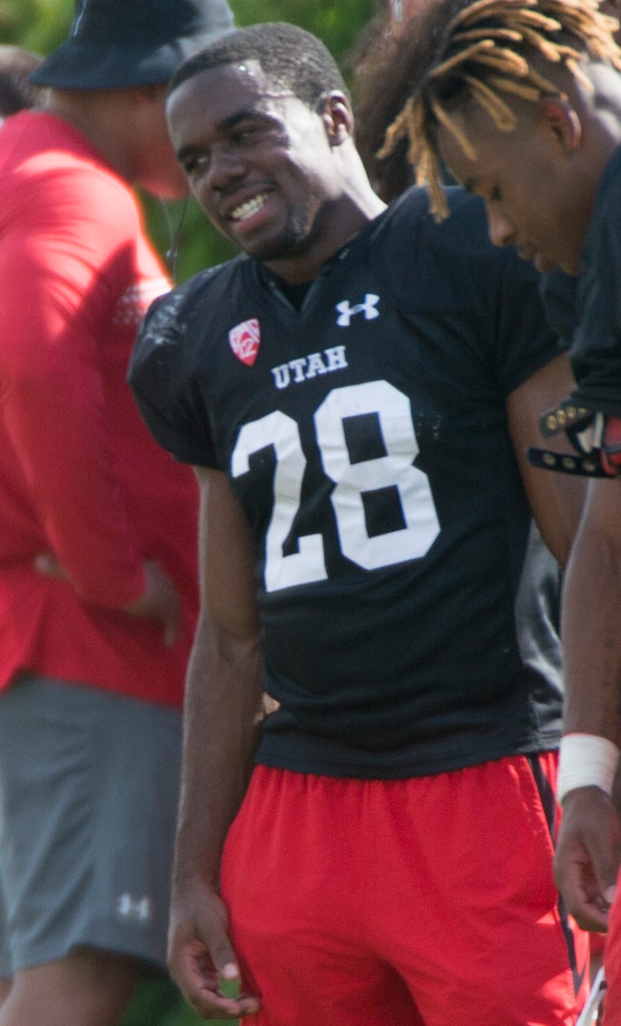 (Rick Egan  |  The Salt Lake Tribune)  University of Utah linebacker, Javelin Guidry (28), at football practice, Monday, July 31, 2017.



