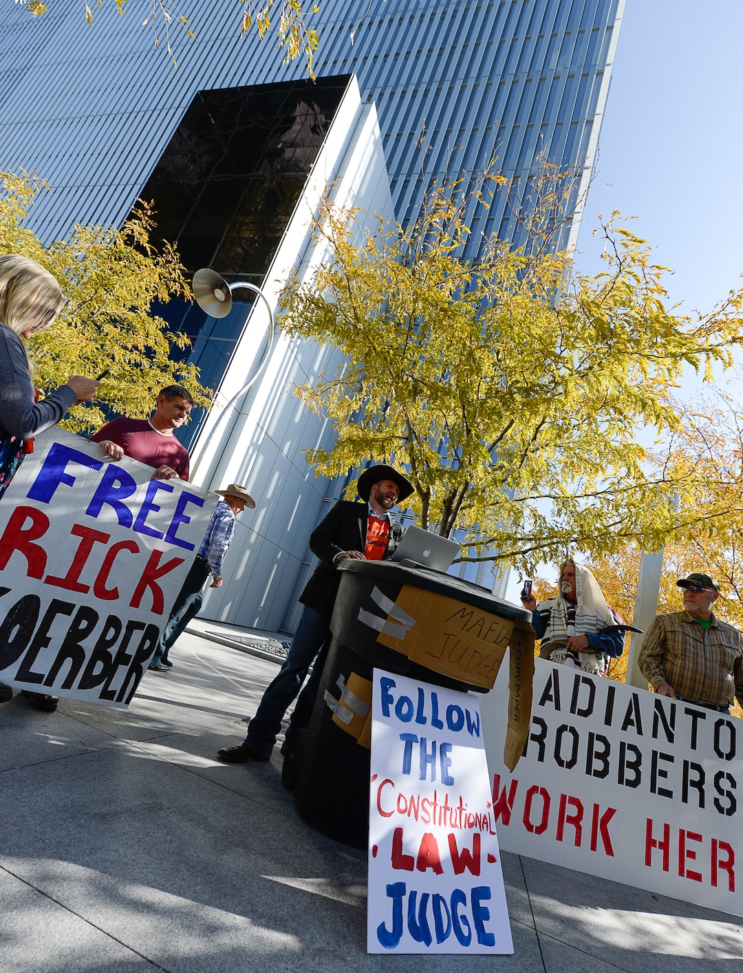(Francisco Kjolseth  |  The Salt Lake Tribune)  Ammon Bundy is joined by other supporters of convicted fraudster Rick Koerber as they gather ahead of his court sentencing in Salt Lake City at the Federal Courthouse on Tuesday, Oct. 15, 2019, ending a nearly two decade white collar crime saga.