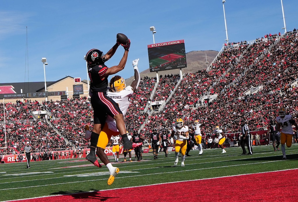 (Francisco Kjolseth  |  The Salt Lake Tribune) Utah Utes wide receiver Munir McClain (4) catches a touchdown pass over Arizona State Sun Devils defensive back Ro Torrence (9) in NCAA football in Salt Lake City on Saturday, Nov. 4, 2023.
