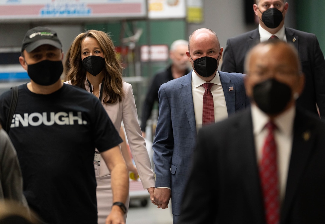 (Francisco Kjolseth | The Salt Lake Tribune) Gov. Spencer Cox is joined by his wife Abby as they walk the halls of the Utah Republican Party’s 2021 Organizing Convention at the Maverik Center in West Valley City on Saturday, May 1, 2021.
