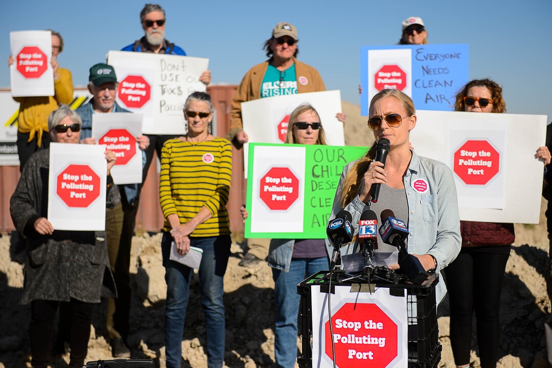 (Trent Nelson  |  The Salt Lake Tribune) Georgie Corkery, an activist with Stop the Polluting Port, speaks at a news conference in Salt Lake City  on Wednesday Oct. 16, 2019. Speakers called for a halt to construction on new warehouses (subsidized by a tax break from Salt Lake City) until a comprehensive analysis of the impacts to our air, water, and wildlife habitat is conducted.