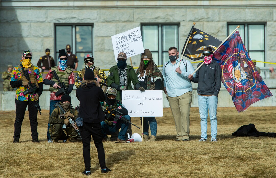 (Rick Egan | The Salt Lake Tribune) The group of Boogaloo bois take a group shot before leaving the Capitol grounds where just over a dozen protesters showed up, on Sunday, Jan. 17, 2021.