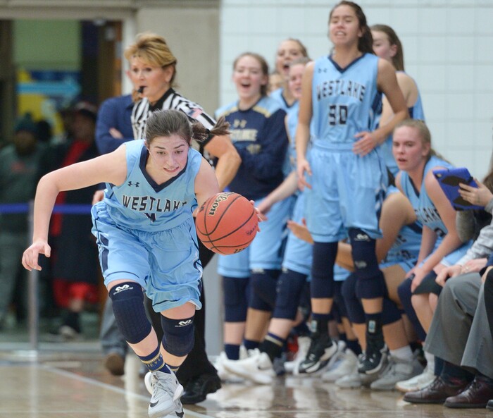 (Leah Hogsten  |  The Salt Lake Tribune)  Westlake's Ashley Parry (04) snags a loose ball. Fremont faces Westlake in their semifinal game of the 6A High School Girls' Basketball Tournament at SLCC in Taylorsville, Friday, Feb. 23, 2018. 