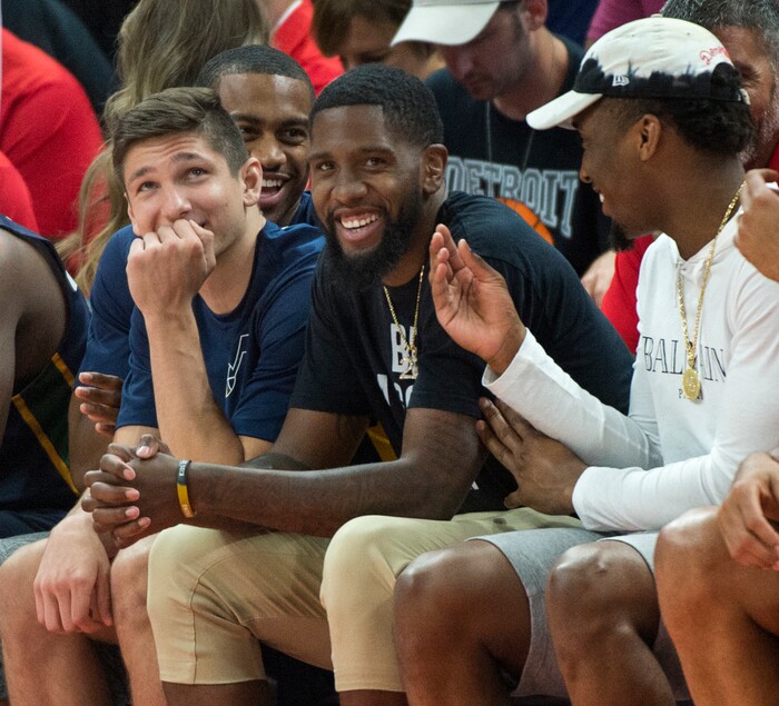 (Rick Egan  |  The Salt Lake Tribune)      Jazz guard Grayson Allen, Royce O'Neale, and Donovan Mitchell watch from bench, in Utah Jazz summer league action between Utah Jazz and Memphis Grizzlies in Salt Lake City, Tuesday, July 3, 2018.