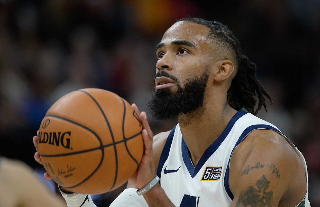 (Francisco Kjolseth  |  The Salt Lake Tribune) Utah Jazz guard Mike Conley (10) focuses on his free throw as the Utah Jazz host the Orlando Magic in their NBA basketball game at Vivint Smart Home Arena in Salt Lake City on Tuesday. Dec. 17, 2019.