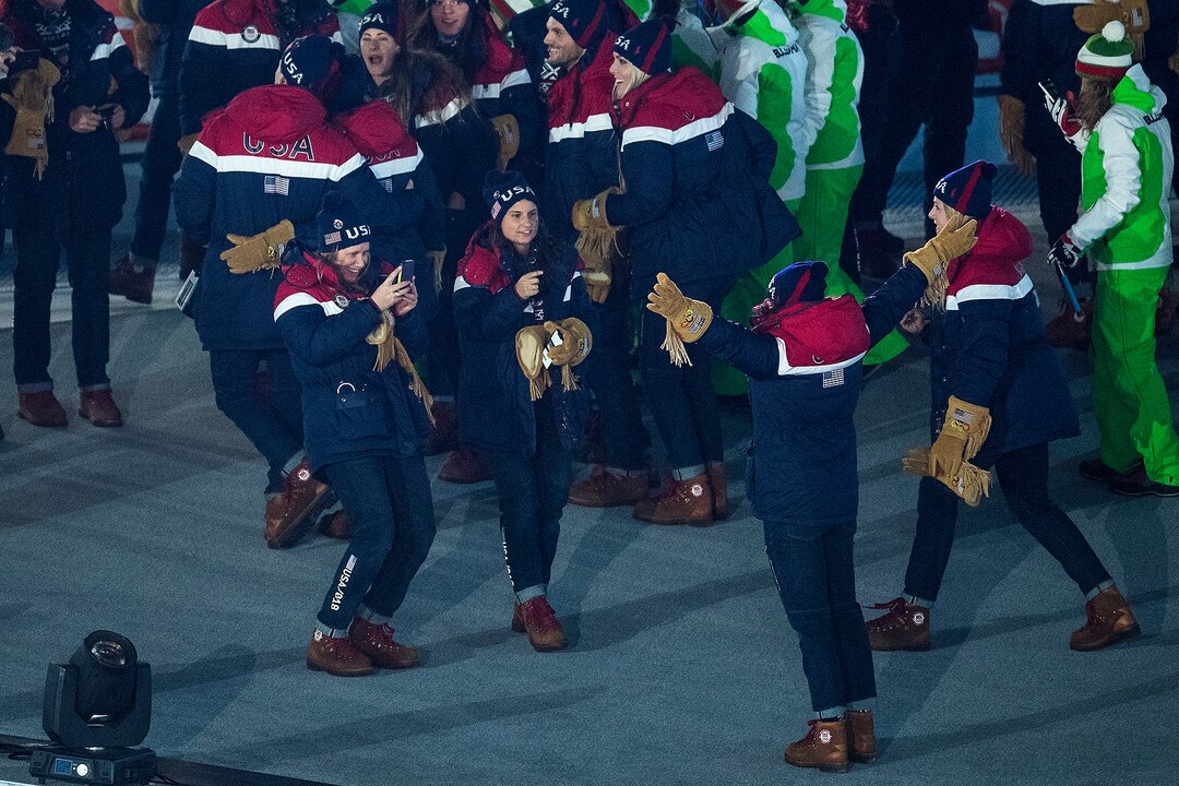 (Chris Detrick  |  The Salt Lake Tribune)  Members of team USA take photos during the Pyeongchang 2018 Winter Olympics opening ceremony at Olympic Stadium Friday, February 9, 2018.  