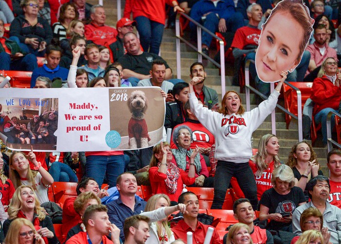 (Leah Hogsten  |  The Salt Lake Tribune) Outgoing senior Maddy Stover is celebrated as the No. 4 Utah gymnasts host No. 20 Georgia in the final regular season meet at Jon M Huntsman Center in Salt Lake City Friday, March 16, 2018. 