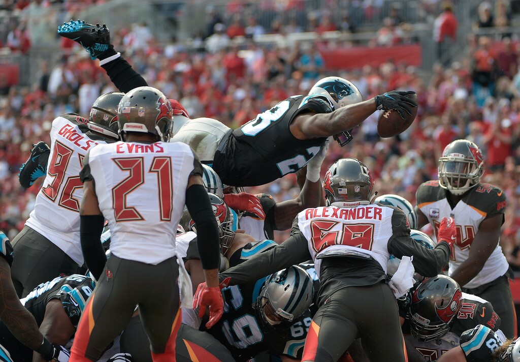Carolina Panthers running back Jonathan Stewart (28) dives over for a 1-yard touchdown against the Tampa Bay Buccaneers during the first quarter of an NFL football game Sunday, Oct. 29, 2017, in Tampa, Fla. (AP Photo/Phelan Ebenhack)
