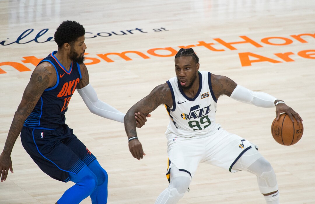 (Rick Egan  |  The Salt Lake Tribune)    Utah Jazz forward Jae Crowder (99) works the ball, as Oklahoma City Thunder forward Paul George (13) defends,, in game 4, NBA playoff action between Utah Jazz and Oklahoma City Thunder, in Salt Lake City, Monday April 23, 2018.