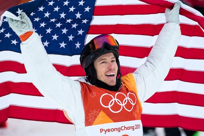 (Chris Detrick  |  The Salt Lake Tribune)  Shaun White celebrates winning gold after his run during the men's halfpipe finals at Phoenix Snow Park during the Pyeongchang 2018 Winter Olympics Wednesday, Feb. 14, 2018.  White won the event with a 97.75, his third Olympic gold medal in the halfpipe (2006, 2010, 2018).