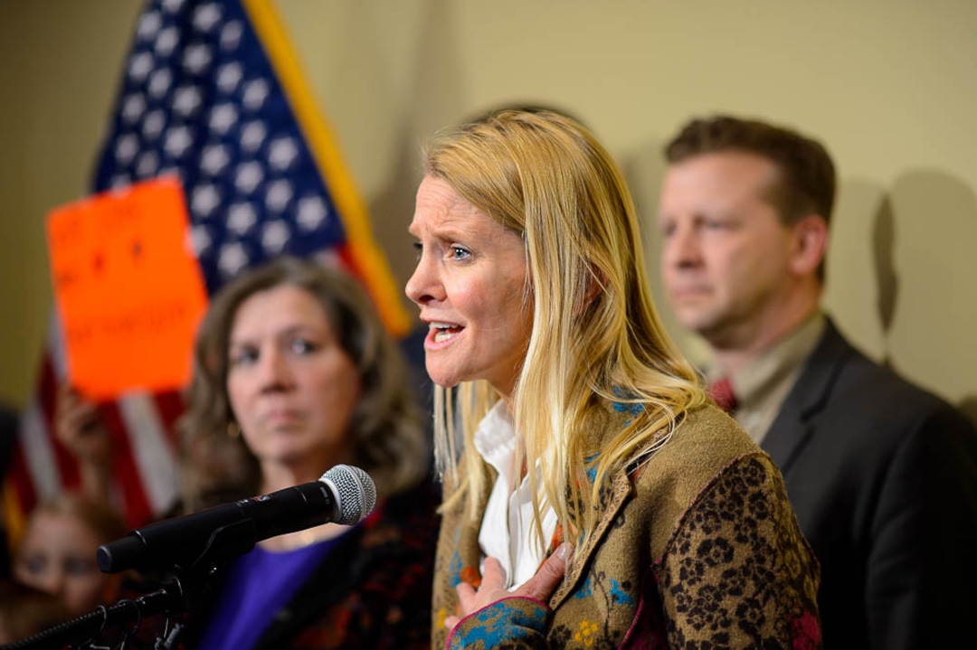 (Trent Nelson | The Salt Lake Tribune)  Tiffany Ivens-Spence speaks at a news conference by parents and students to show support for Valley View Elementary School teacher Moana Patterson, left, in Salt Lake City on Monday March 11, 2019. Ivens-Spence is the parent of a student at the school.