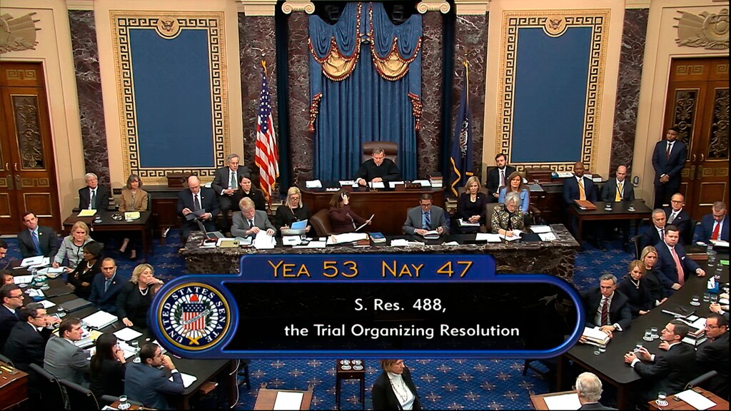 (Senate Television via AP)  In this image from video, the 53-47 result on Senate Resolution 488 is displayed during the impeachment trial against President Donald Trump in the Senate at the U.S. Capitol in Washington, Friday, Jan. 31, 2020.