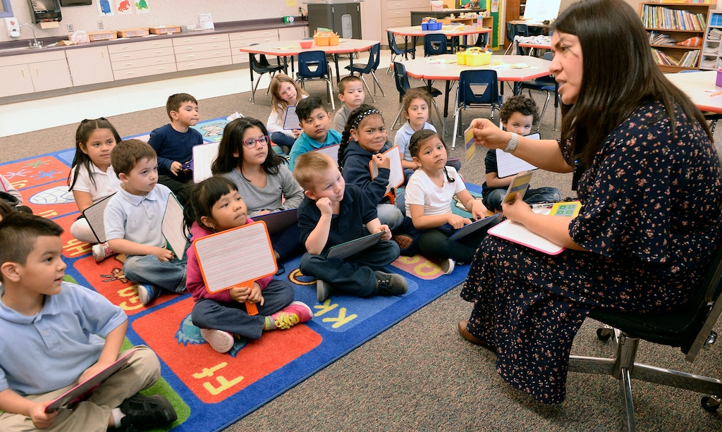 (Al Hartmann |  The Salt Lake Tribune) Kindergarten students work out math addition problems on their tablets in Denise White's class at Riley Elementary School in Salt Lake City Tuesday April 10, 2018.