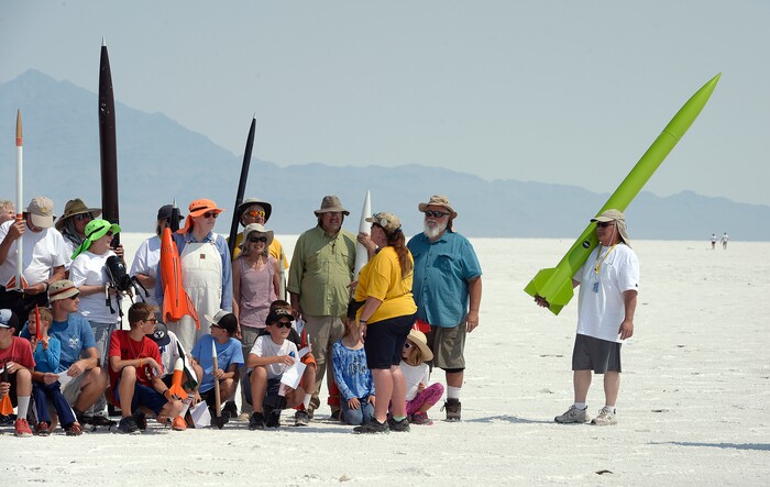(Scott Sommerdorf   |  The Salt Lake Tribune)   Participants gather to pose for a group photograph on the Bonneville Salt Flats during "HellFire" — the event sponsored by the Utah Rocket Club on Saturday, Aug. 5, 2017.