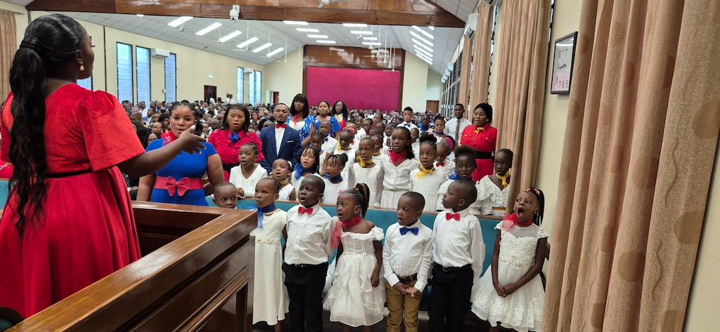 (The Church of Jesus Christ of Latter-day Saints) A children's choir sings during a special conference in Kinshasa, Democratic Republic of Congo, in 2025. A survey shows Africans score higher than other Latter-day Saints in their devotion to church attendance, personal prayer and scripture reading.