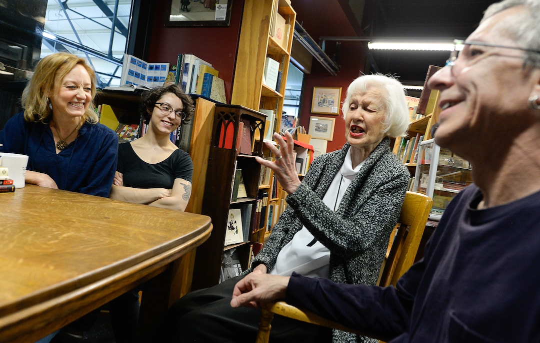 (Francisco Kjolseth | The Salt Lake Tribune)  With Weller Book Works in Trolley Square — formerly Zion Bookstore and Sam Weller's Bookstore downtown — turning 90 years old this month, third-generation owners Tony and Catherine Weller are joined by their daughter Lila Ann, and Tony's mother, second generation owner, Lila Weller, 103, as she describes funny stories at the bookstore over the years.