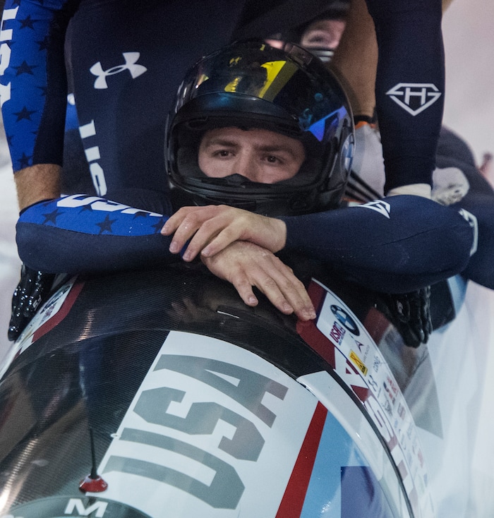 (Rick Egan  |  The Salt Lake Tribune)   Codie Bascue checks out the time at the finishline, on their final run in the 4-Man Bobsleigh, resulting in a second place finish behind Germany, in the BMW IBSF World Cup 4-Man Bobsleigh competition, in Park City, Saturday, November 18, 2017.