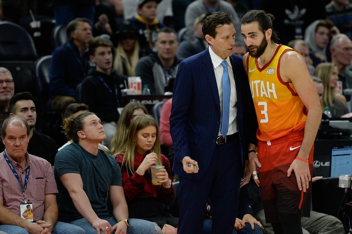 (Francisco Kjolseth  |  The Salt Lake Tribune)   Utah Jazz head coach Quin Snyder talks with Utah Jazz guard Ricky Rubio (3) during their game agains the Thunder in the second half of the NBA game at Vivint Smart Home Arena Sat., Dec. 22, 2018, in Salt Lake City.