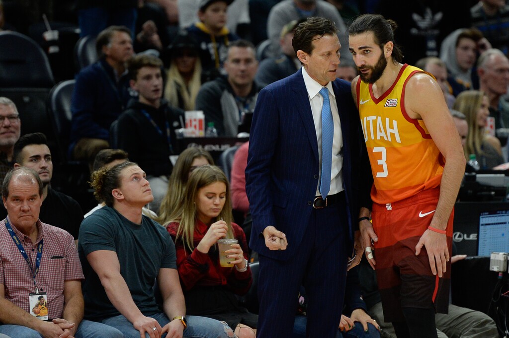 (Francisco Kjolseth | The Salt Lake Tribune) Utah Jazz head coach Quin Snyder talks with Utah Jazz guard Ricky Rubio (3) during their game agains the Thunder in the second half of the NBA game at Vivint Smart Home Arena Sat., Dec. 22, 2018, in Salt Lake City.