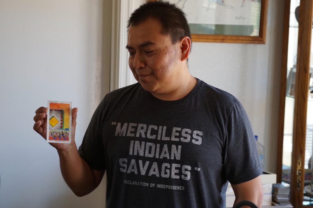 (Zak Podmore | The Salt Lake Tribune) Diné (Navajo) painter Gilmore Scott shows a watercolor painting at his home near Montezuma Creek in September, 2019.