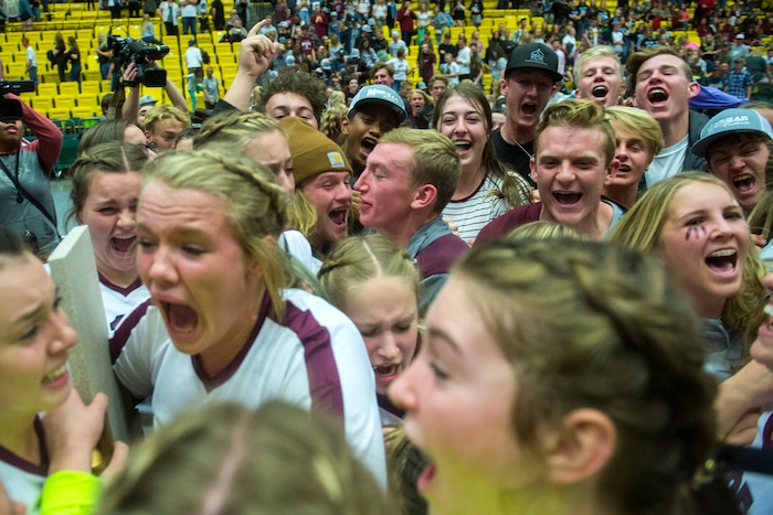 (Chris Detrick  |  The Salt Lake Tribune)  Morgan students rush the court as the Morgan Trojans celebrate winning the 3A volleyball state championships at the UCCU Center at Utah Valley University Thursday, October 26, 2017.  Morgan defeated North Sanpete 3-0.