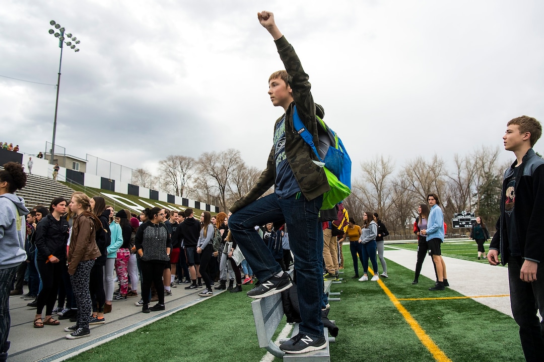 (Chris Detrick  |  The Salt Lake Tribune)  Freshman Ben Malovich participates in a nationwide demonstration for better gun safety laws at Highland High School in Salt Lake City Thursday, March 15, 2018. Students at more than 30 schools along the Wasatch Front, nearly all of them high schools, particiapted in the 17-minute walkout — one minute for each of the Florida students killed.