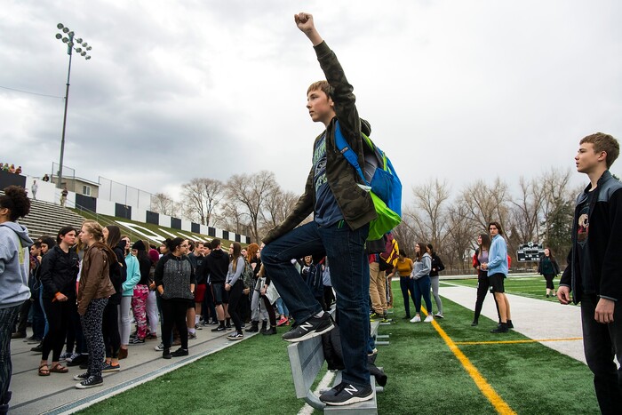 (Chris Detrick  |  The Salt Lake Tribune)  Freshman Ben Malovich participates in a nationwide demonstration for better gun safety laws at Highland High School in Salt Lake City Thursday, March 15, 2018. Students at more than 30 schools along the Wasatch Front, nearly all of them high schools, particiapted in the 17-minute walkout — one minute for each of the Florida students killed.