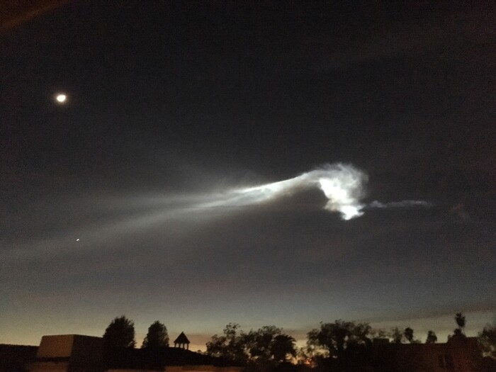 The contrail from a SpaceX Falcon 9 rocket is seen from Pasadena, Calif., about 150 miles east from its launch site in Vandenberg Air Force Base, Calif., on Friday, Dec. 22, 2017. A reused SpaceX rocket has carried 10 satellites into space from California, leaving behind it a trail of mystery and wonder. The Falcon 9 booster lifted off from coastal Vandenberg Air Force Base shortly before 5:30 p.m. Friday. It carried the latest batch of satellites for Iridium Communications. (AP Photo/John Antczak)