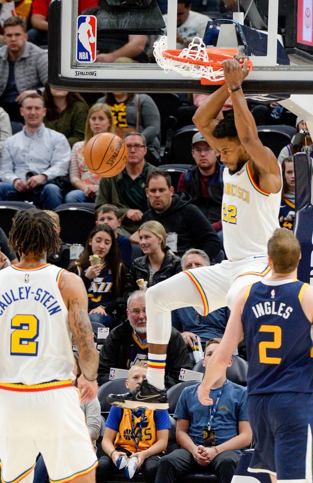 (Leah Hogsten  |  The Salt Lake Tribune) Golden State Warriors forward Glenn Robinson III (22) with a dunk as the Utah Jazz host the Golden State Warriors, Dec. 13, 2019 at Vivint Arena.