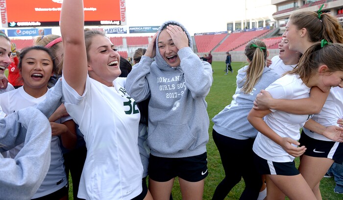 (Leah Hogsten  |  The Salt Lake Tribune) Rowland Hall women's soccer team defeated Waterford 6-3 to win the Class 2A girls' soccer state title game, Saturday, October 21, 2017 at Rio Tinto Stadium.