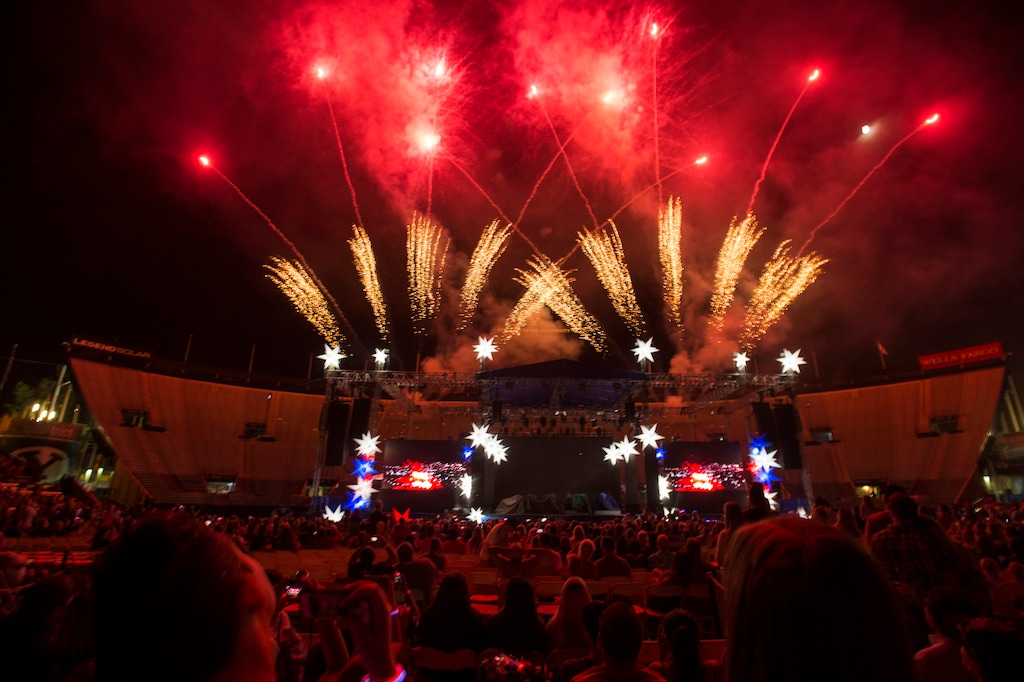 (Rick Egan | Tribune file photo) Fireworks light up LaVell Edwards Stadium for the Stadium of Fire concert in 2017. This year's Stadium of Fire is canceled because of concerns over the coronavirus, so organizers are planning a massive outdoor fireworks show from three Utah County locations that will be visible for miles.