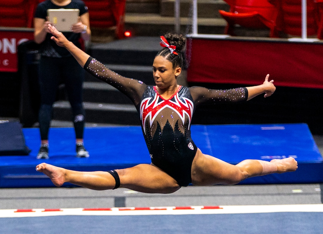 (Rick Egan | The Salt Lake Tribune)   Jaedyn Rucker competes on the floor, in PAC-12 gymnastics action between The University of Washington and The University of Utah at Jon M. Huntsman Center in Salt Lake City, on Saturday, Jan. 30, 2021.