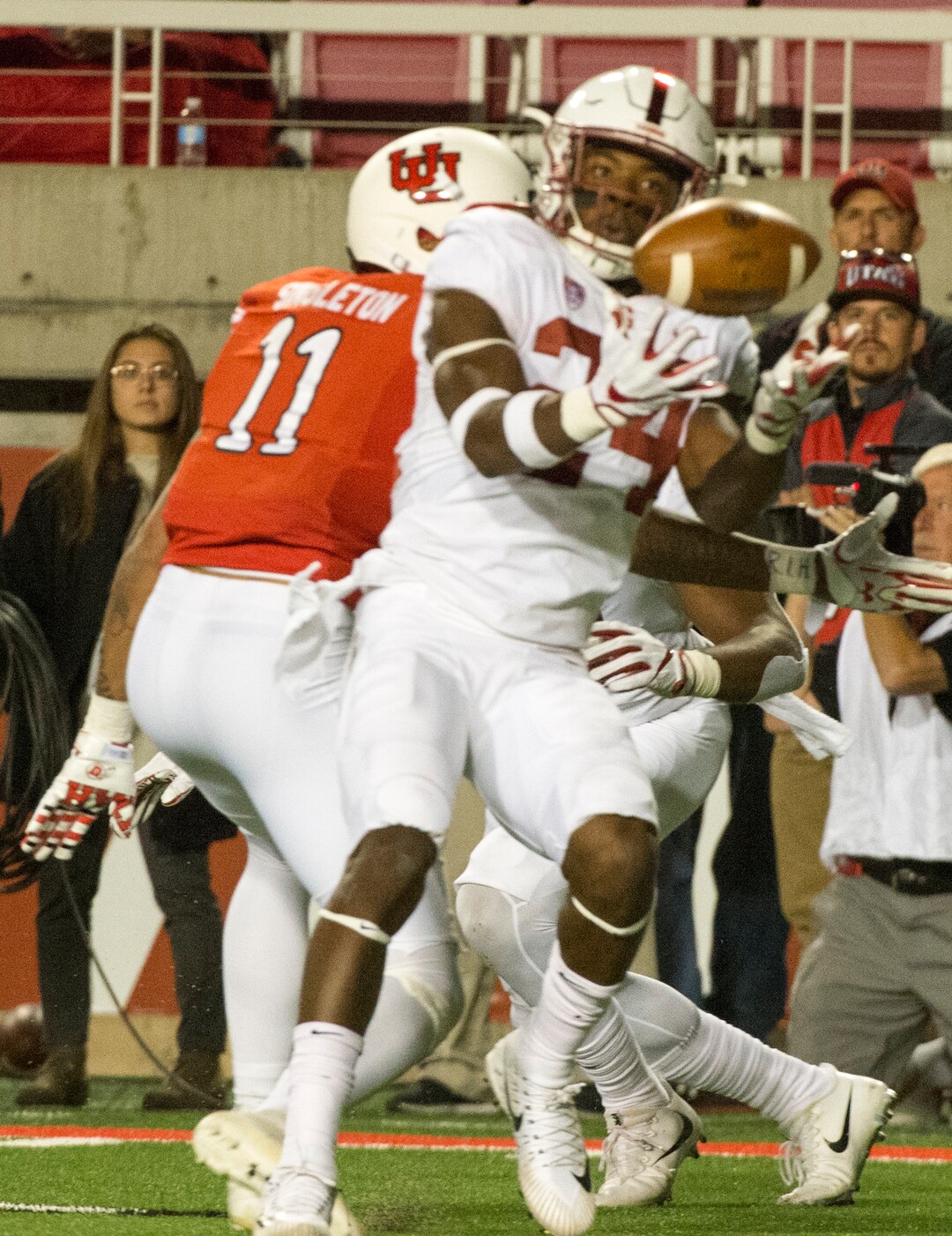(Rick Egan  |  The Salt Lake Tribune) Stanford Cardinal cornerback Quenton Meeks (24) intercepts a pass intended for Utah Utes wide receiver Raelon Singleton (11), in PAC-12 football action, at Rice-Eccles Stadium, Saturday, October 7, 2017.