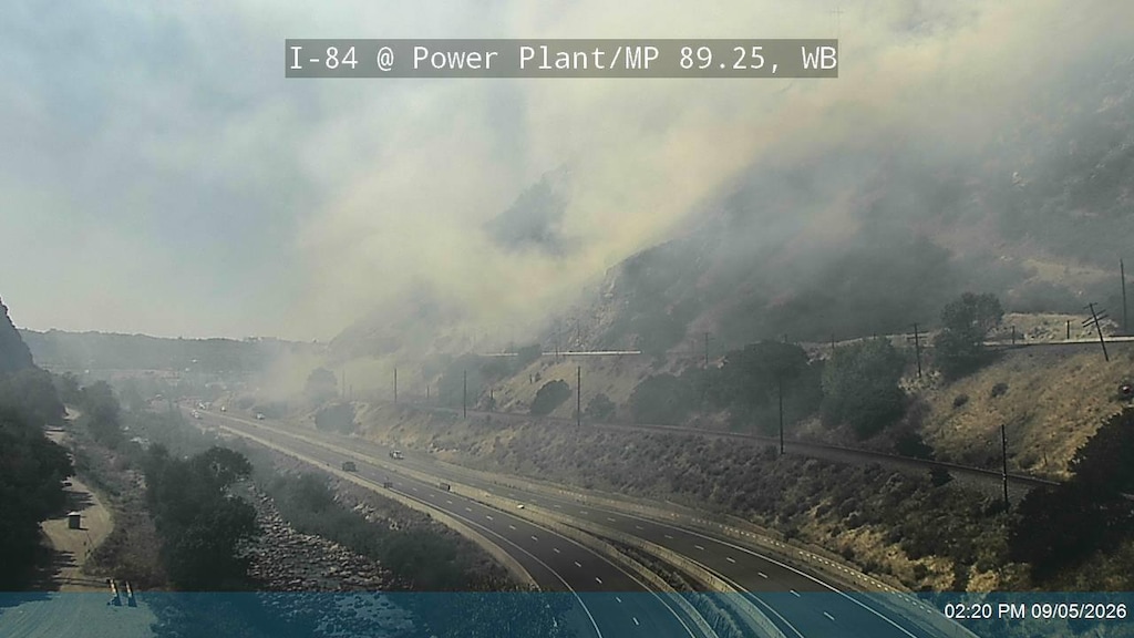 (UDOT) Officials shut down Interstate 84 in Weber County because of a grass fire on Saturday, Sept. 5, 2026.