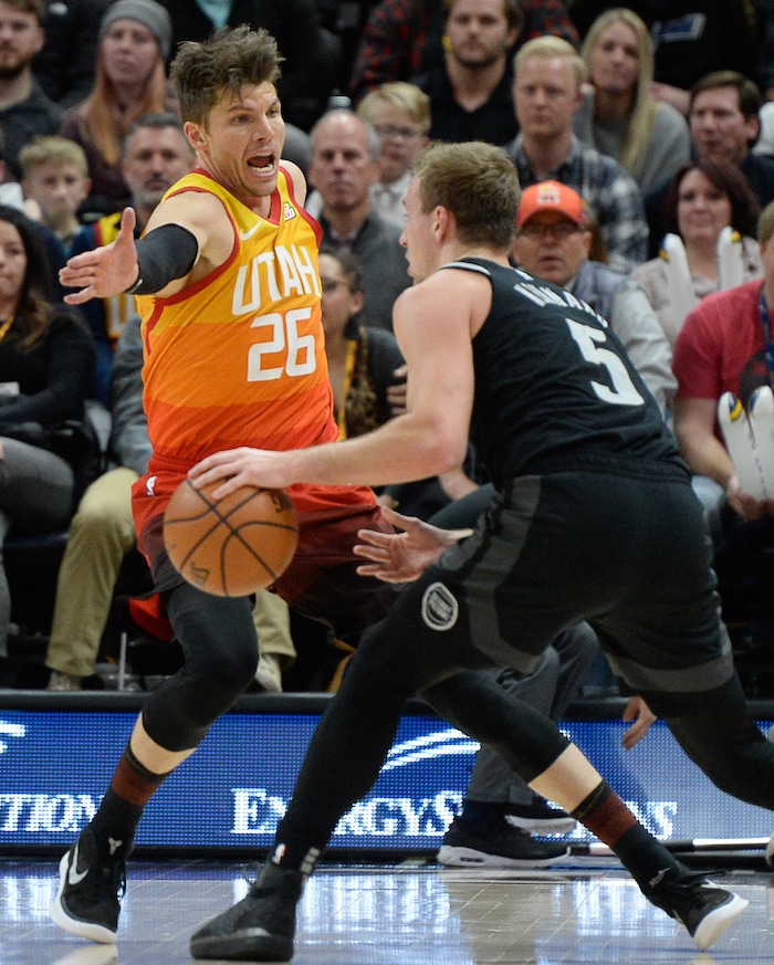 (Francisco Kjolseth  |  The Salt Lake Tribune)  Utah Jazz guard Kyle Korver (26) puts the pressure on Detroit Pistons guard Luke Kennard (5) in the first half of their NBA game at Vivint Smart Home Arena Monday, Jan. 14, 2019, in Salt Lake City.