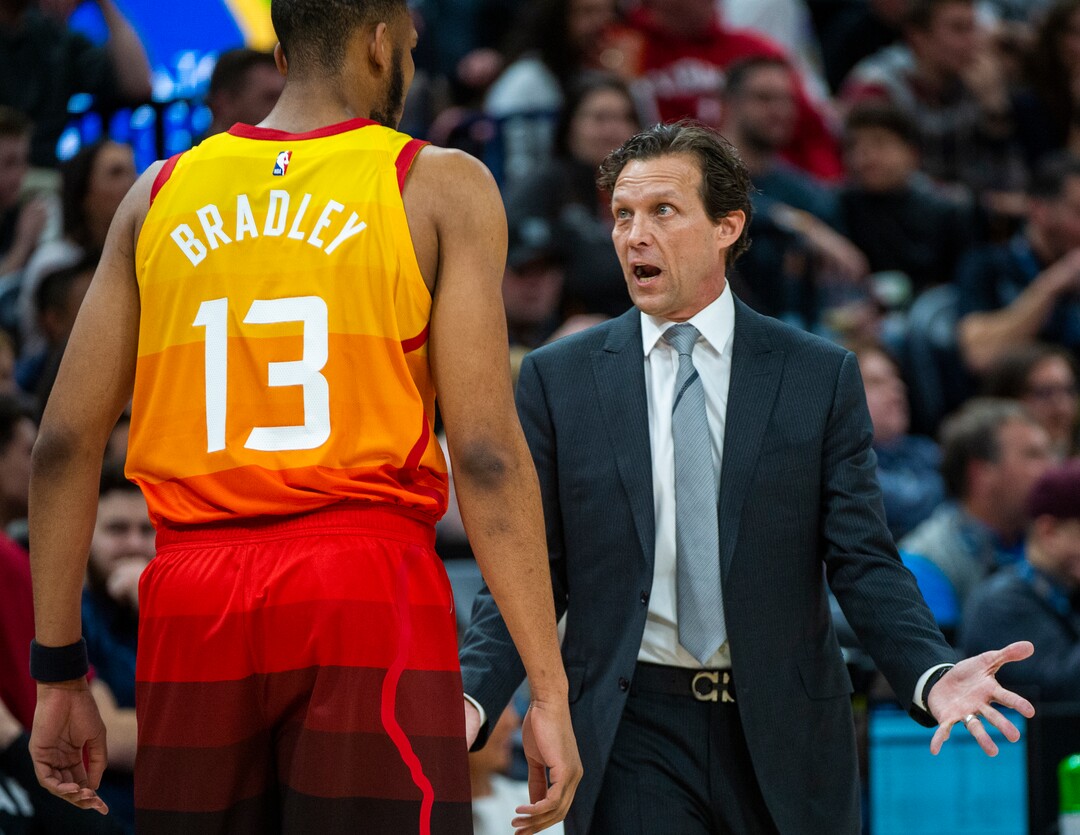 (Rick Egan  |  The Salt Lake Tribune)     Utah Jazz head coach Quin Snyder talks to Utah Jazz center Tony Bradley (13) during a break in the action, in NBA action between the Utah Jazz and thePortland Trail Blazers in Salt Lake City, Friday, Feb. 7, 2020.