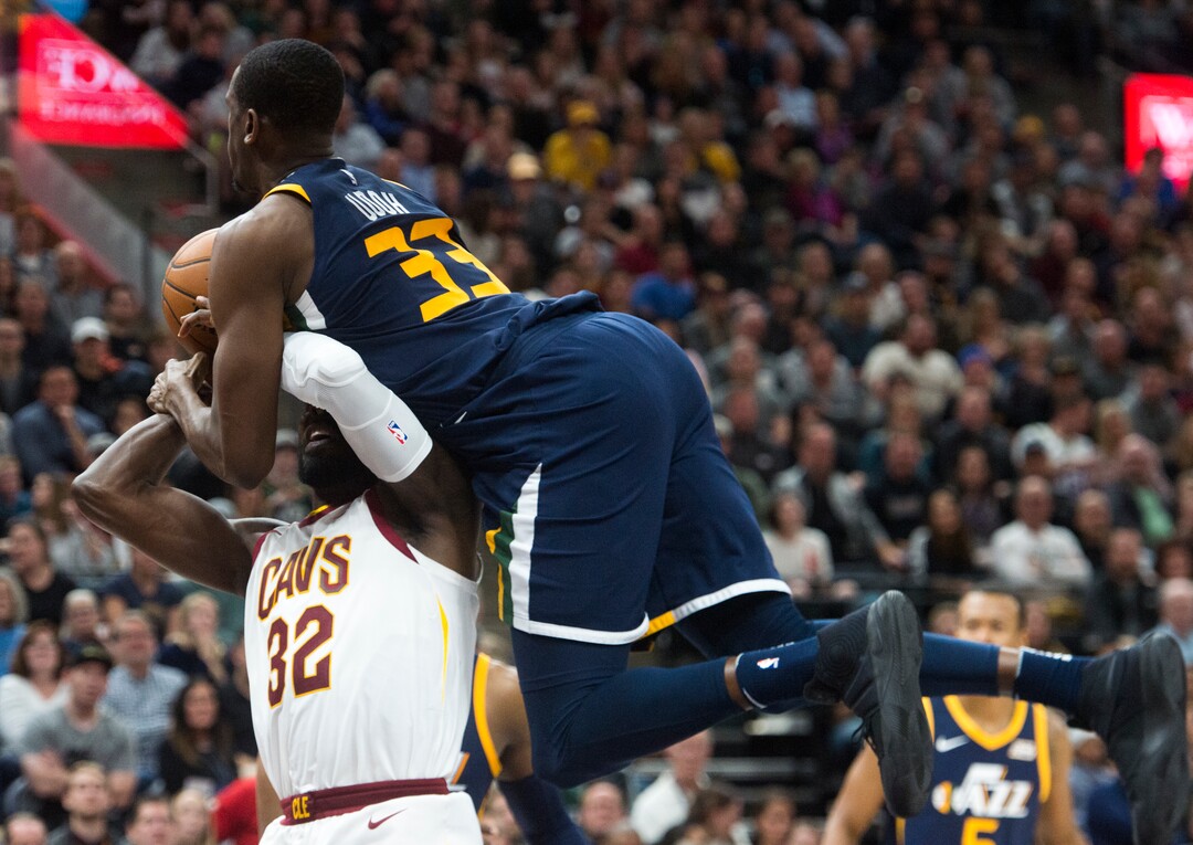 (Rick Egan  |  The Salt Lake Tribune)   Utah Utah Jazz center Ekpe Udoh (33) lands on top of Cleveland Cavaliers forward Jeff Green (32), in NBA action Utah Jazz vs Cleveland Cavaliers, in Salt Lake City,  Saturday, December 30, 2017.