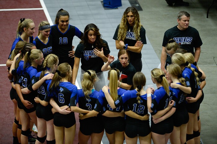 (Francisco Kjolseth  |  The Salt Lake Tribune)  Pleasant Grove coach Allyce Jones talks to her team during play against Syracuse in their quarterfinal match at the UCCU Center at Utah Valley University on Thursday, Nov. 2, 2017. Pleasant Grove went on to win in three straight sets.